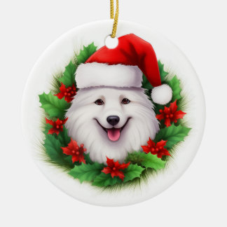 Japanese Spitz Christmas Wreath Ceramic Ornament