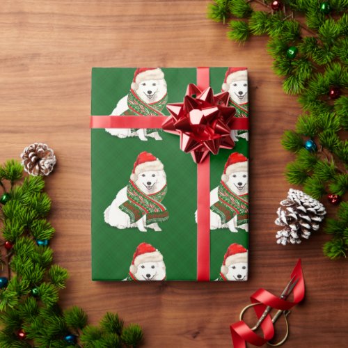 Japanese Spitz Dog and Green Plaid Christmas Wrapp Wrapping Paper