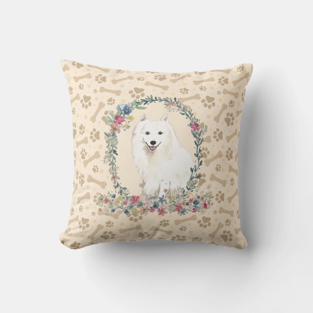 Japanese Spitz Dog Paw Print & Floral Cute Throw Pillow (Front)