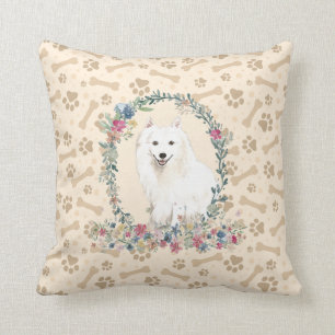 Japanese Spitz Dog Paw Print & Floral Cute Throw Pillow