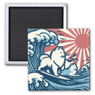 Japanese Spitz Dogs Sufing the Great Wave Magnet