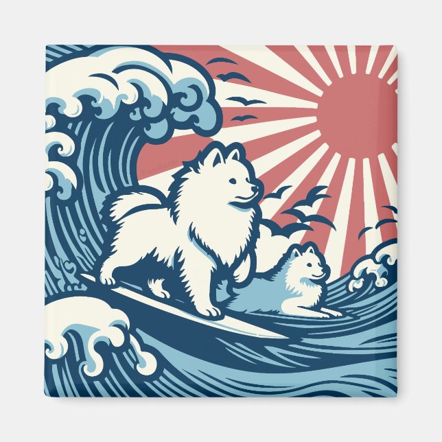 Japanese Spitz Dogs Sufing the Great Wave Magnet (Front)