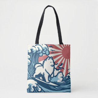 Japanese Spitz Dogs Sufing the Great Wave Tote Bag