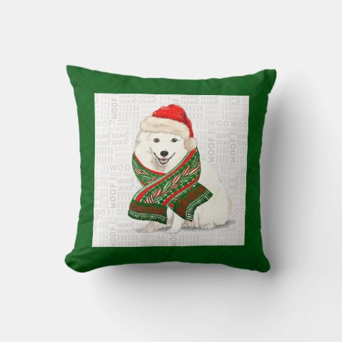 Japanese Spitz Green Holiday Plaid Christmas Dog Throw Pillow
