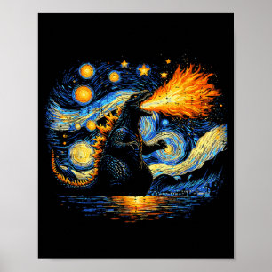 Japanese Starry Night Kaiju Funny Art Men Women Ki Poster