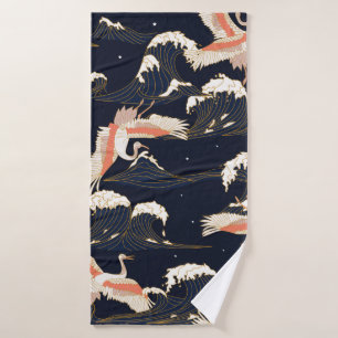 japanese storks in vintage style on green backgrou bath towel