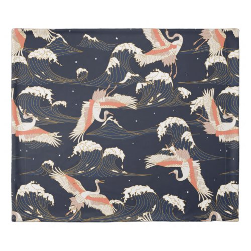 japanese storks in vintage style on green backgrou duvet cover