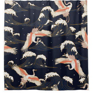 japanese storks in vintage style on green backgrou shower curtain