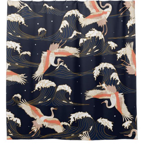 japanese storks in vintage style on green backgrou shower curtain