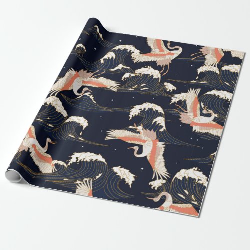 japanese storks in vintage style on green backgrou wrapping paper