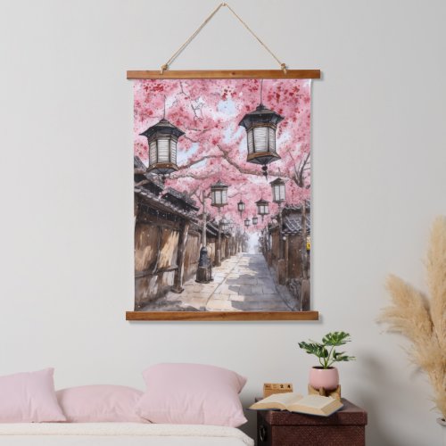 Japanese Street with Cherry Blossom Trees Hanging Tapestry