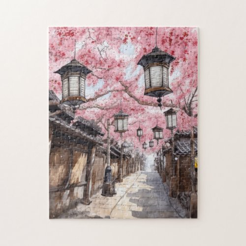 Japanese Street with Cherry Blossom Trees Jigsaw Puzzle