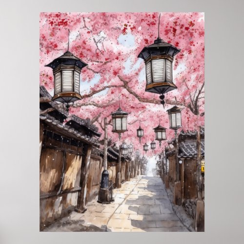 Japanese Street with Cherry Blossom Trees Poster