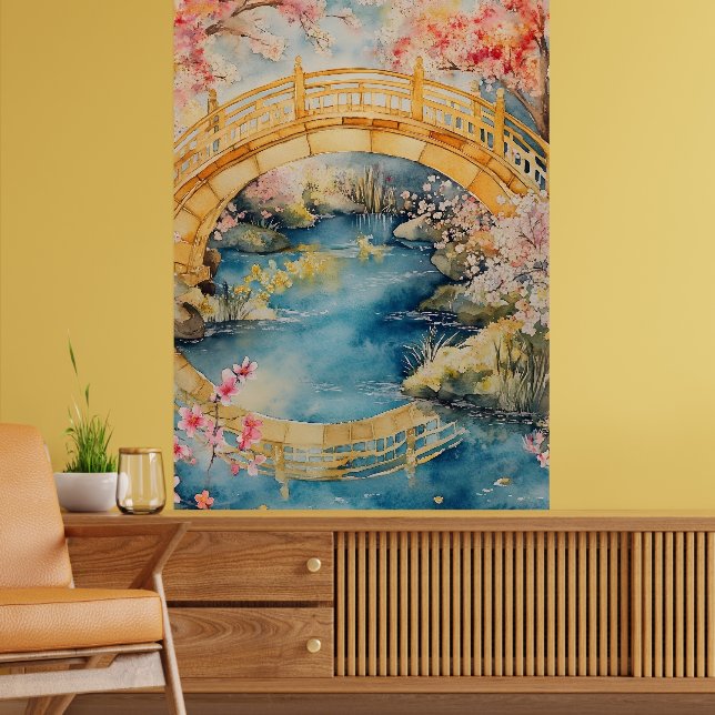 Japanese-style arched bridge spans a tranquil rive poster (Living Room 2)