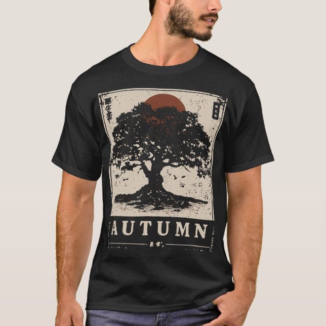 Japanese Style Autumn Oak Tree Nature Scene T-Shirt (Front)