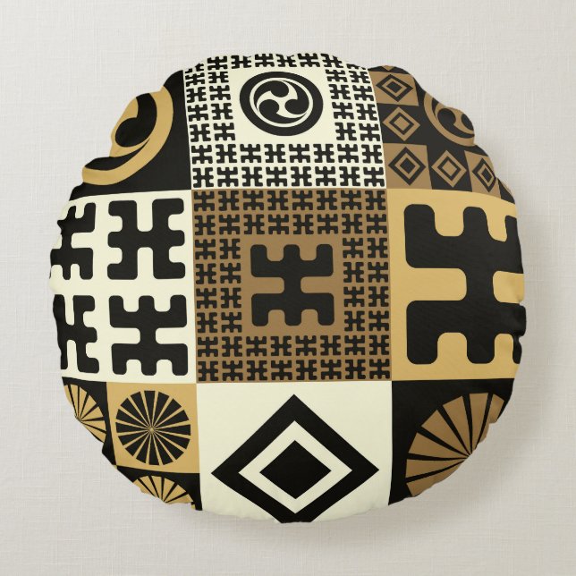Japanese style, black gold seamless patterns. round pillow (Front)
