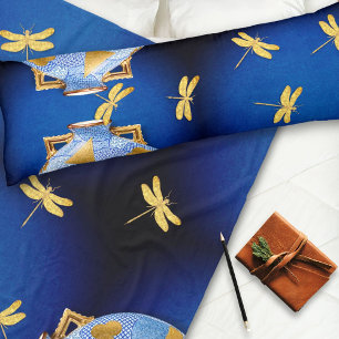 Japanese-Style Blue And Gold Fleece Blanket