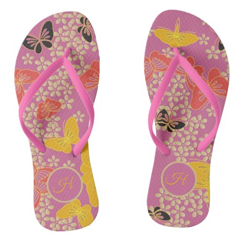 Japanese Style Butterflies Pink Monogram Flip Flops