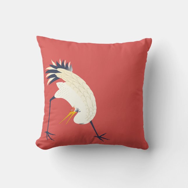 Japanese Style Crane on Red Background Throw Pillow (Front)