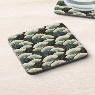 Japanese Style Cream Gold Teal Fan Print Beverage Coaster