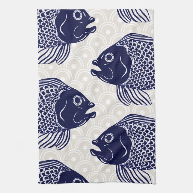 Japanese Style Fish Heads & Waves Kitchen Towel (Vertical)