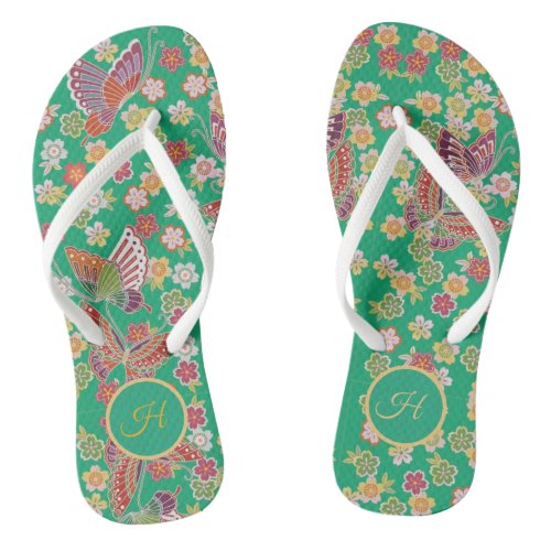 Japanese Style Floral Butterflies Green Monogram Flip Flops