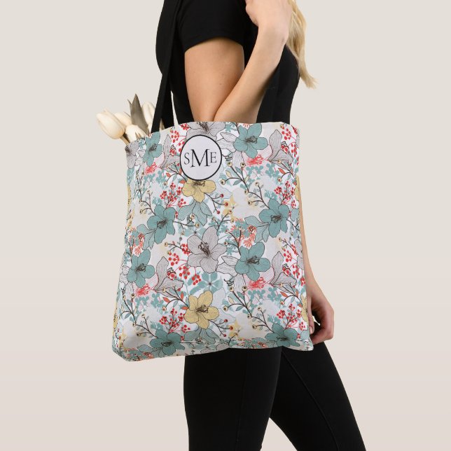 Japanese Style Floral Pattern Monogram Tote Bag (Close Up)