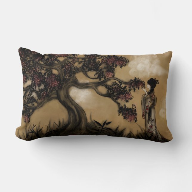 Japanese Style Geisha and Blossoming Tree Lumbar Pillow (Front)