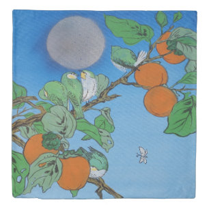Japanese style green birds blue sky persimmon J099 Duvet Cover