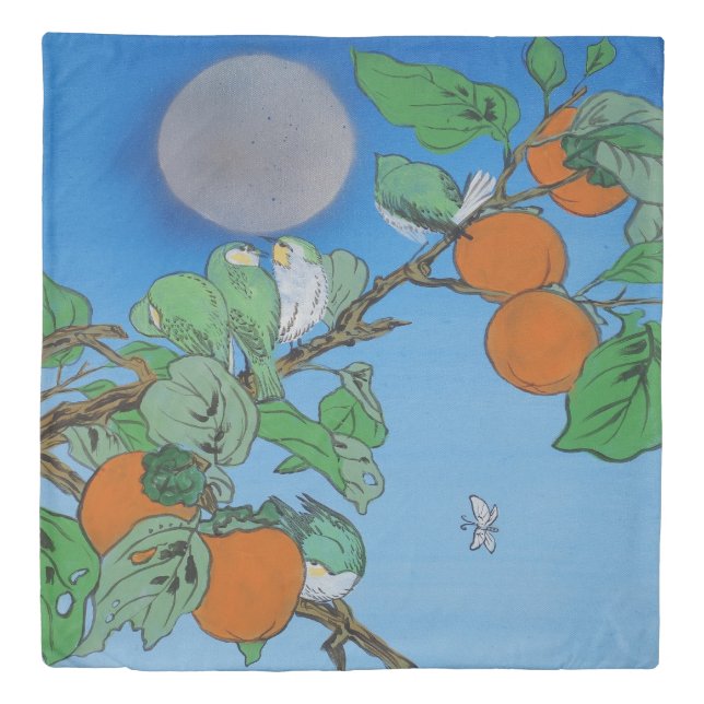 Japanese style green birds blue sky persimmon J099 Duvet Cover (Front)