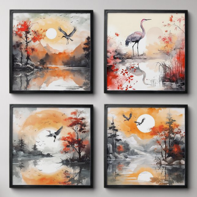 Japanese Style Heron Lake Landscape Peel And Stick Photo Tile (Front Set)