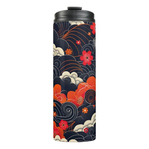 Japanese Style Japandi Wave Red Blue Pattern Thermal Tumbler