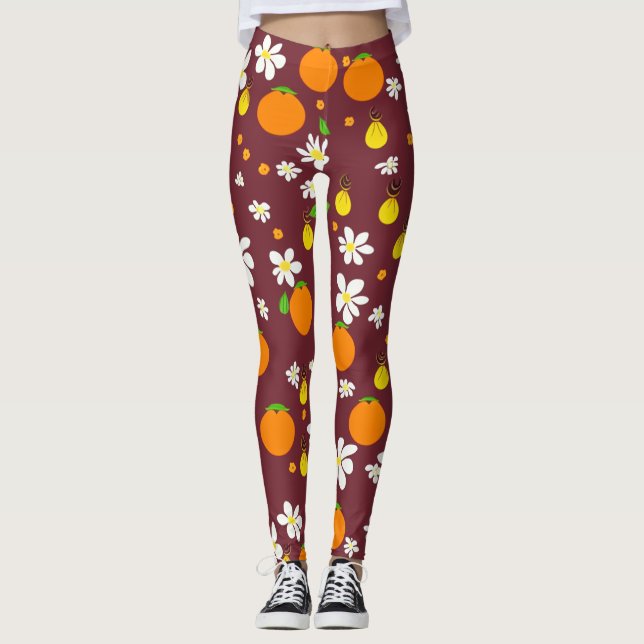 Japanese Style Oranges and Orange Blossom Pattern  Leggings (Front)