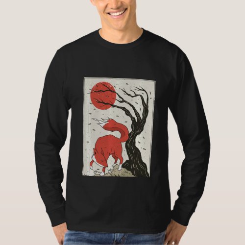 Japanese Style Painting Of The Fox Tree And Sun Pu T_Shirt