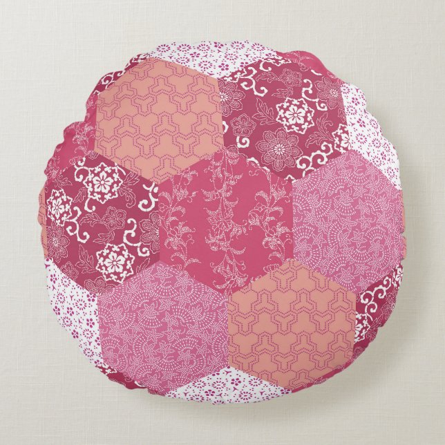 Japanese Style Patchwork Pattern Design Round Pillow (Front)