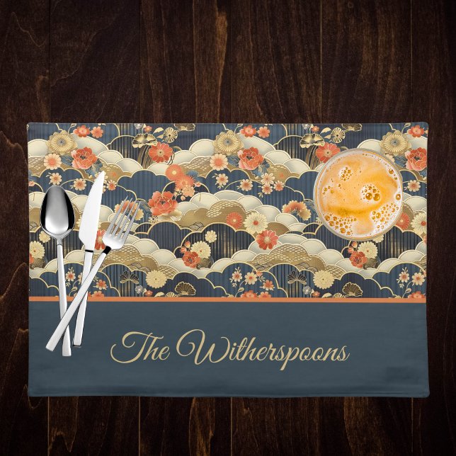 Japanese Style Retro Teal Floral and Clouds Print Cloth Placemat (Creator Uploaded)