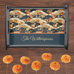 Japanese Style Retro Teal Floral and Clouds Print Serving Tray