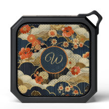 Japanese Style Retro Teal Floral n Clouds Initial