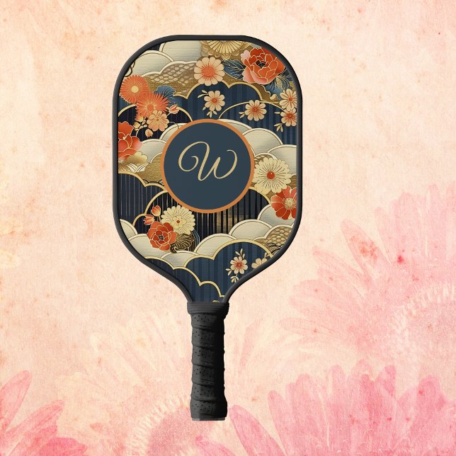 Japanese Style Retro Teal Floral n Clouds Initial Pickleball Paddle (Creator Uploaded)