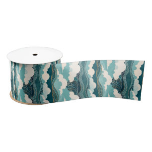 Japanese Style Teal Blue Sky Clouds Ocean Sea Satin Ribbon