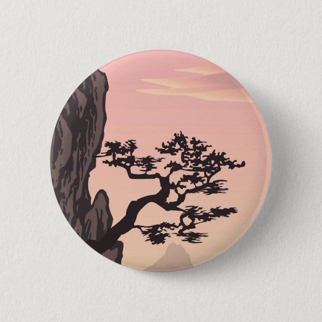 Japanese-style Tree Silhouette in Pink Button (Front)