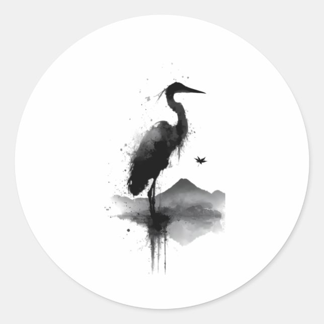 Japanese Sumi-e Crane Zen Sticker (Front)