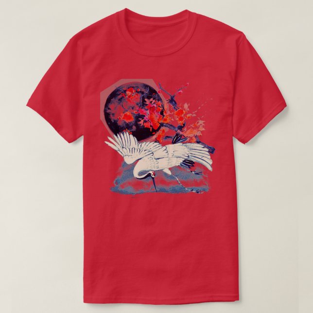 Japanese Sumi E Moonlight Crane T-Shirt (Design Front)
