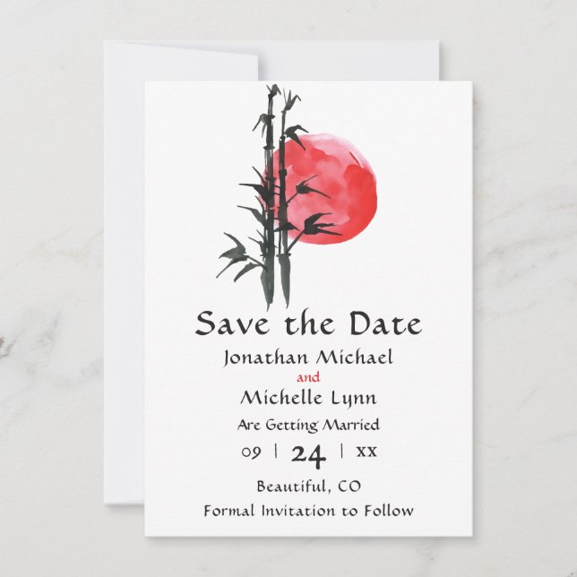 Japanese Sun and Bamboo Wedding Save The Date (Front)