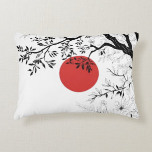 Japanese Sun & Nature Brush Art Accent Pillow