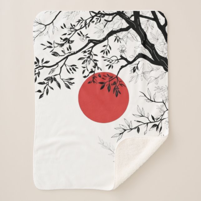 Japanese Sun & Nature Brush Art Sherpa Blanket (Front)