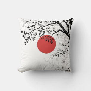 Japanese Sun & Nature Brush Art Throw Pillow