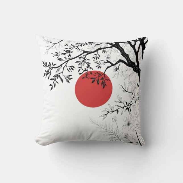 Japanese Sun & Nature Brush Art Throw Pillow (Front)