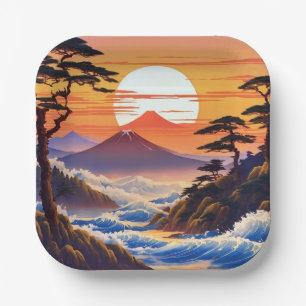 Japanese Sunrise Sunset Landscape Paper Plates