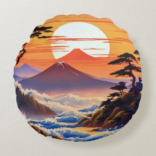 Japanese Sunrise Sunset Landscape Round Pillow